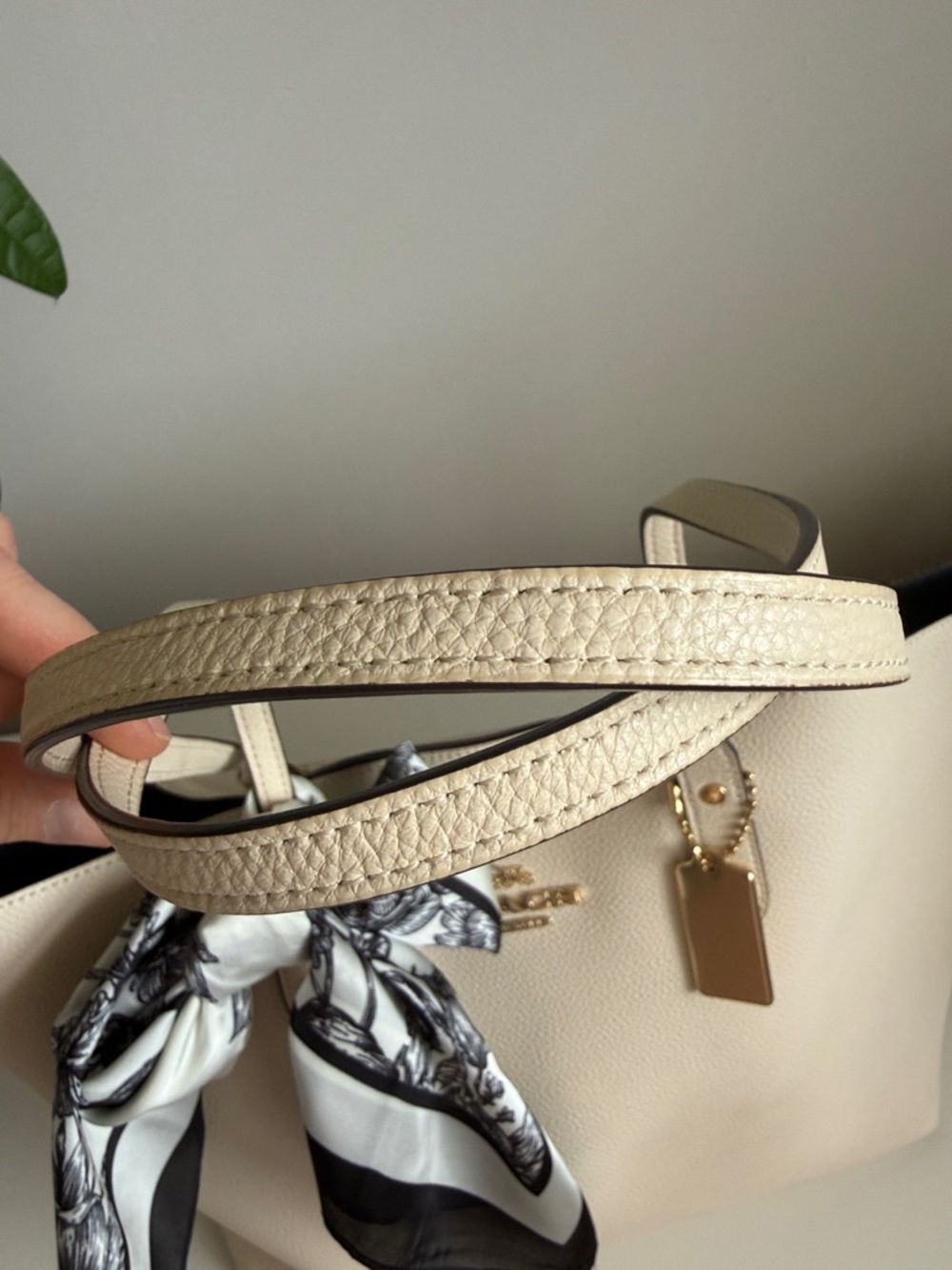 Coach Pebbled Chalk Leather Town Tote with Brown Pouch and a scarf accent - Picture 8 of 13